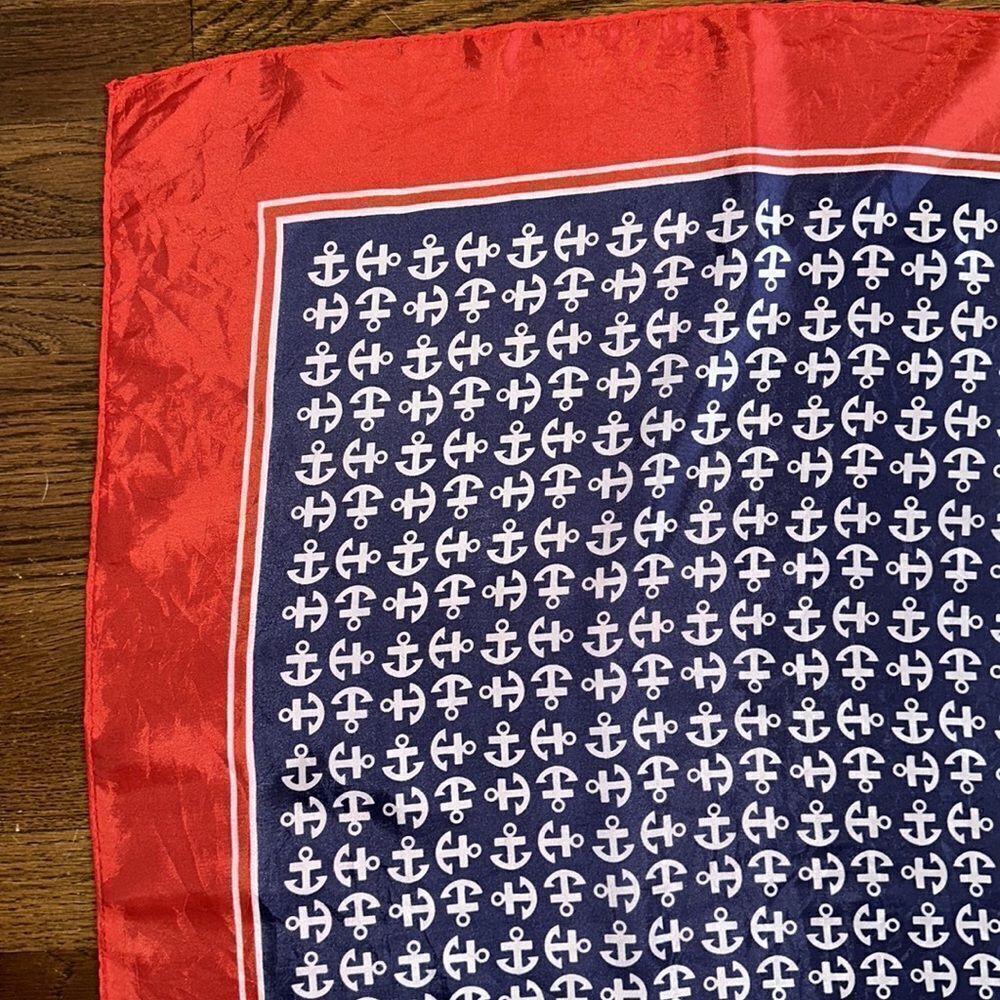 Vtg 60s Glensder Textile‎ red, white & blue anchor print nautical themed scarf - Picture 2 of 8